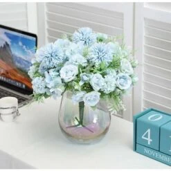 SOEKAVIA 3 Pezzi Bouquet Di Rose Ortensia Fiori Di Seta Artificiale Composizione Da Sposa Bouquet Da Sposa Tessuti Per La Casa Oggetti Decorativi Generici In Rosa Bianca Senza Vaso-blu -Negozio Piante artificiali economico 36248231 3