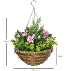 Outsunny Set Di 2 Piante Finte Lisianthus Da Appendere Per Interno Ed Esterno Con Vaso In Vimini E Catenelle, Ф25x34cm, Rosa E Verde -Negozio Piante artificiali economico 41949775 3