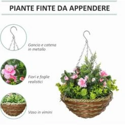 Outsunny Set Di 2 Piante Finte Lisianthus Da Appendere Per Interno Ed Esterno Con Vaso In Vimini E Catenelle, Ф25x34cm, Rosa E Verde -Negozio Piante artificiali economico 41949775 4